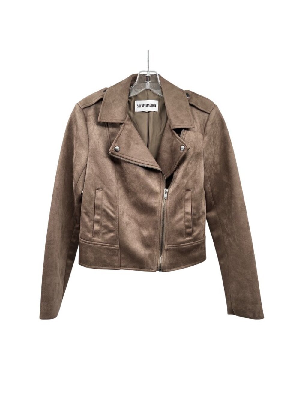 Steve Madden Womens Faux Suede Moto Jacket Full Zip Brown Gray XS Pockets